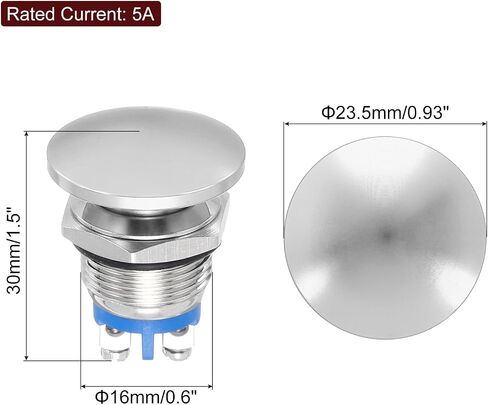 MECCANIXITY 1PCS 5A 16MM 7/8" Momentary Mushroom Head Push Button Switch 12V 24V 120V 250V AC Silver 1NO Waterproof IP65 SPST Domed Round 2 Screw Foot Button in Saudi Arabia