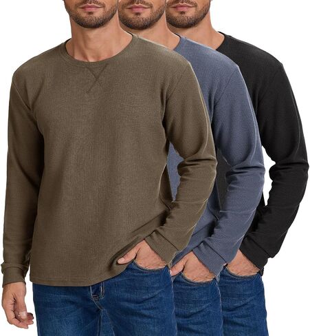 3 Pack Mens Waffle Shirts Long Sleeve Shirt Regular Fit Casual T-Shirt Crewneck Knitted Pullover in Saudi Arabia