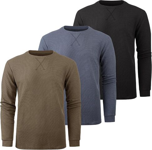 3 Pack Mens Waffle Shirts Long Sleeve Shirt Regular Fit Casual T-Shirt Crewneck Knitted Pullover in Saudi Arabia