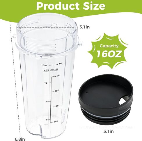 Replacement for Ninja Blender 16oz Cups Scale with Sealing Cap and 6 Fins Extractor Blade Compatible with Nurti Ninja Blenders BL660 BL663 BL663CO BL665Q BL740 BL770 (Pack of 5) in Saudi Arabia
