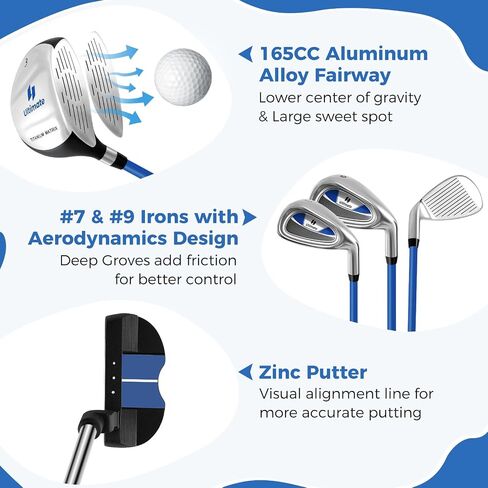 GYMAX Kids Golf Clubs, Junior Golf Set for Right Hand Includes #3 Fairway Wood & #7 & #9 Irons, Putter & Golf Stand Bag, Portable Youth Children Club in Saudi Arabia