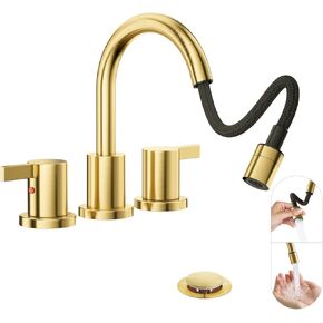 Phiestina Pull Out Sprayer Matte Black 8 Inch Bathroom Sink Faucet, Widespread 2 Handles 3 Hole Pull Down Bathroom Faucet, with Pop Up Drain and Water Supply Line, BF04022-K01-MB in Kuwait