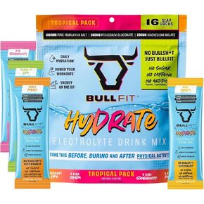 BullFit Hydrate Electrolyte Drink Mix, Tropical Variety Pack, Zero Sugar, Caffeine Free, Pink Himalayan Salt, Potassium, Magnesium, Kiwi Strawberry, Peach Mango, Pina Colada, Coconut Lime, 16 Packets in Saudi Arabia