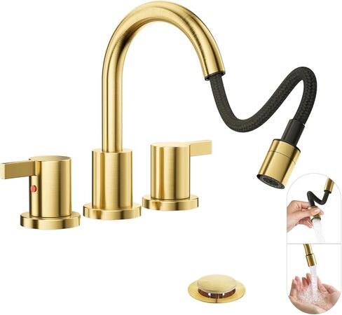 Phiestina Pull Out Sprayer Matte Black 8 Inch Bathroom Sink Faucet, Widespread 2 Handles 3 Hole Pull Down Bathroom Faucet, with Pop Up Drain and Water Supply Line, BF04022-K01-MB in Kuwait