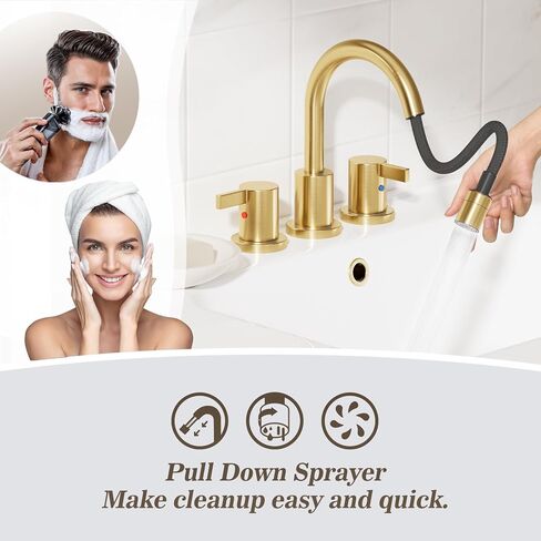 Phiestina Pull Out Sprayer Matte Black 8 Inch Bathroom Sink Faucet, Widespread 2 Handles 3 Hole Pull Down Bathroom Faucet, with Pop Up Drain and Water Supply Line, BF04022-K01-MB in Kuwait