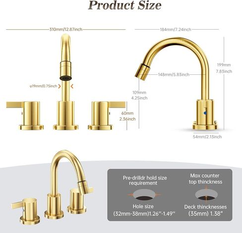 Phiestina Pull Out Sprayer Matte Black 8 Inch Bathroom Sink Faucet, Widespread 2 Handles 3 Hole Pull Down Bathroom Faucet, with Pop Up Drain and Water Supply Line, BF04022-K01-MB in Kuwait