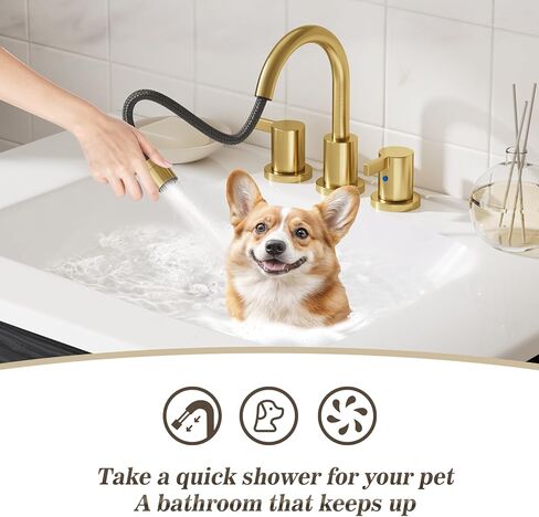 Phiestina Pull Out Sprayer Matte Black 8 Inch Bathroom Sink Faucet, Widespread 2 Handles 3 Hole Pull Down Bathroom Faucet, with Pop Up Drain and Water Supply Line, BF04022-K01-MB in Kuwait