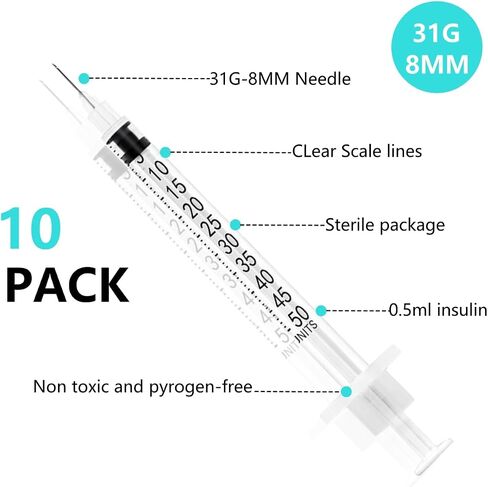 30g 5/16 بوصة (8 مم) 1/2ml مختبر محقنة يمكن التخلص منها مع القياس ، حزمة مختومة بشكل فردي - 10 حزمة in Saudi Arabia
