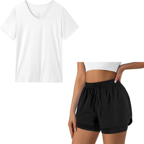 Women's T-Shirt and Running Shorts Set: Comfortable V-Neck T Shirts,High-Waisted 2-in-1 Running Shorts with Liner Pockets,Basic Summer Outfit for Daily Wear, Gym, Yoga in Saudi Arabia