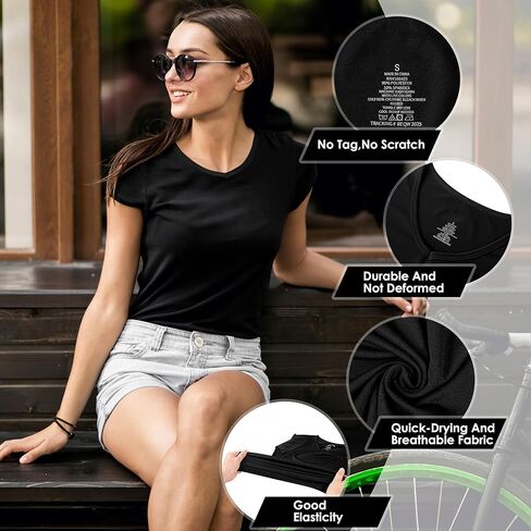 Women's T-Shirt and Running Shorts Set: Comfortable V-Neck T Shirts,High-Waisted 2-in-1 Running Shorts with Liner Pockets,Basic Summer Outfit for Daily Wear, Gym, Yoga in Saudi Arabia