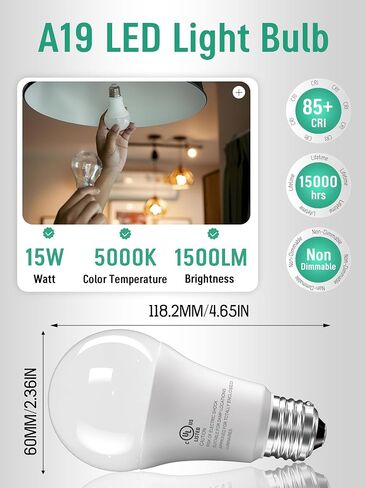 12 حزمة مصابيح LED مصابيح LED 100 واط مكافئة ، A19 15W 5000K ضوء النهار ، ضوء أبيض ساطع 1500 لامعة ، e26 القياسية لا وميض لمبة مصباح المصباح للمنزل ، غرفة نوم ، مكتب ، غير قابلة للضرب in Kuwait