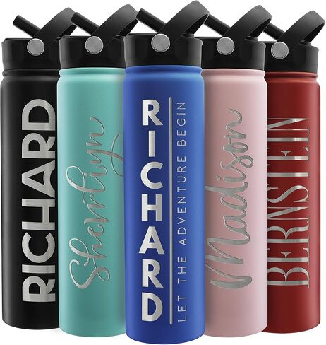 Amazing Items Personalized Water Bottle w/Straw & Lid, 24 oz - Navy Blue | Custom Stainless Steel Sports Water Bottle w/Name and Text - Double-Wall, Vacuum Insulated - Rotating Handle in Kuwait
