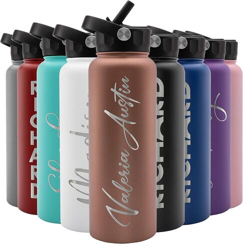 Amazing Items Personalized Water Bottle w/Straw & Lid, 24 oz - Navy Blue | Custom Stainless Steel Sports Water Bottle w/Name and Text - Double-Wall, Vacuum Insulated - Rotating Handle in Kuwait