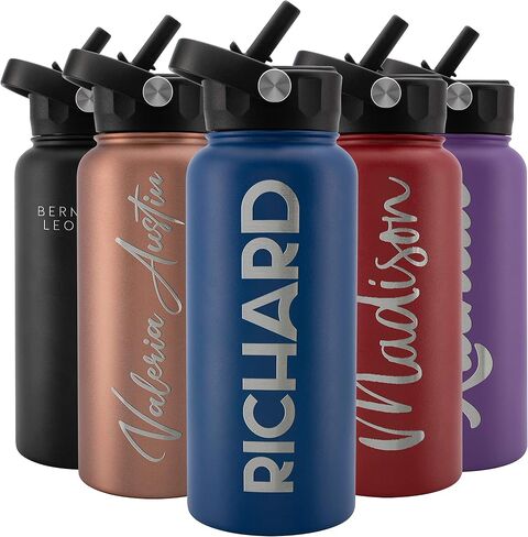 Amazing Items Personalized Water Bottle w/Straw & Lid, 24 oz - Navy Blue | Custom Stainless Steel Sports Water Bottle w/Name and Text - Double-Wall, Vacuum Insulated - Rotating Handle in Kuwait