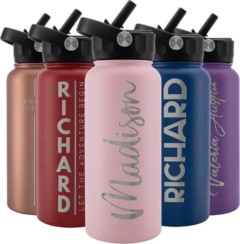 Amazing Items Personalized Water Bottle w/Straw & Lid, 24 oz - Navy Blue | Custom Stainless Steel Sports Water Bottle w/Name and Text - Double-Wall, Vacuum Insulated - Rotating Handle in Kuwait