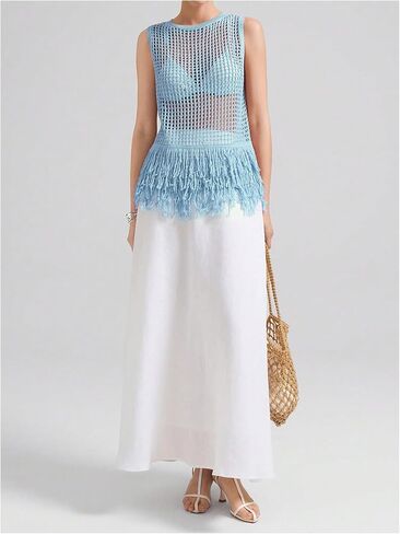 Milumia Women's Hollow Out Fringe Knitted Tank Top Sexy Sheer Sleeveless Long Sweater Vests in Saudi Arabia