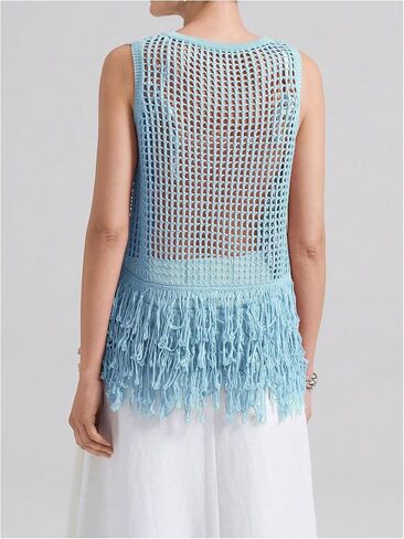 Milumia Women's Hollow Out Fringe Knitted Tank Top Sexy Sheer Sleeveless Long Sweater Vests in Saudi Arabia