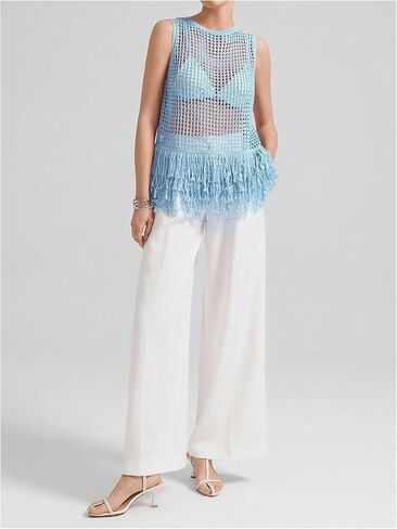 Milumia Women's Hollow Out Fringe Knitted Tank Top Sexy Sheer Sleeveless Long Sweater Vests in Saudi Arabia
