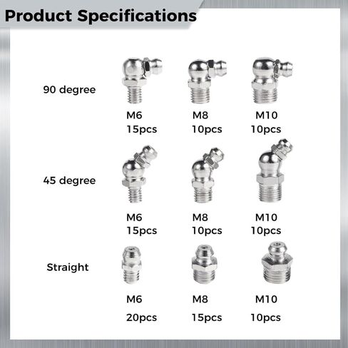 115 قطعة مجموعة تركيب الشحوم ، تشمل M6 ، M8 ، M10 ، مستقيم ، 45 درجة و 90 درجة Zerk Zerk في المعدن in Kuwait