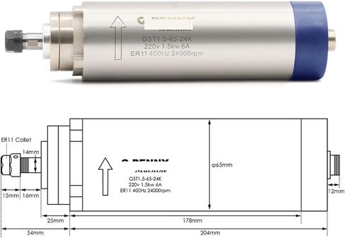 1.5kw ER11 air-cooled spindle 4 bearings 24000rpm 65x204mm 400Hz(380v) in Saudi Arabia