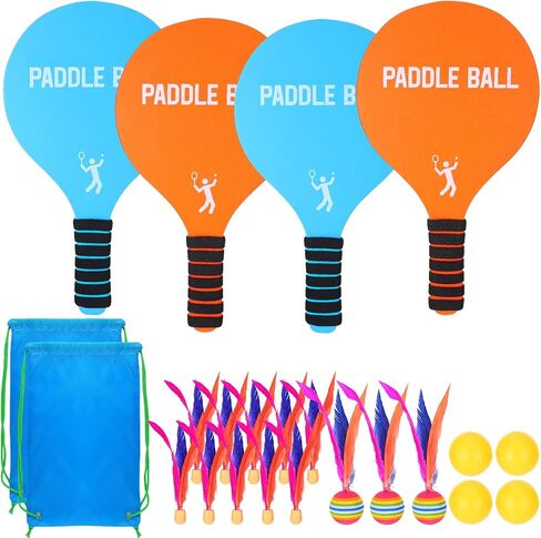 2 Beach Paddle Ball Sets - Funny Paddleball Rackets Game, Outdoor Sports Toys for Kids Adults Family Games Beach Yard Lawn Party Supplies (4 Paddles, 13 Birdies, 4 Balls, 2 Drawstring Bags) in Saudi Arabia