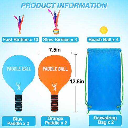 2 Beach Paddle Ball Sets - Funny Paddleball Rackets Game, Outdoor Sports Toys for Kids Adults Family Games Beach Yard Lawn Party Supplies (4 Paddles, 13 Birdies, 4 Balls, 2 Drawstring Bags) in Saudi Arabia