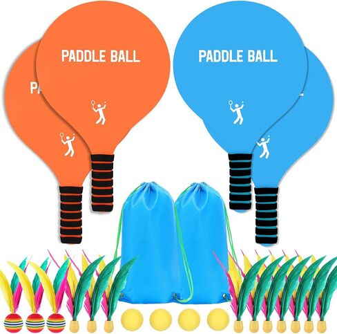 2 Beach Paddle Ball Sets - Funny Paddleball Rackets Game, Outdoor Sports Toys for Kids Adults Family Games Beach Yard Lawn Party Supplies (4 Paddles, 13 Birdies, 4 Balls, 2 Drawstring Bags) in Saudi Arabia