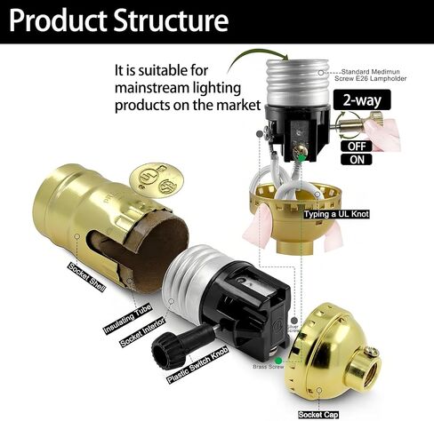 L&M Lamp Socket Replacement, E26 Threaded Base, Turn Knob for ON/Off Light Settings, Lamp Parts for Table and Floor Lamps Repair, Dimmable Light Bulb Socket with Lamp Switch(Gold) in Saudi Arabia