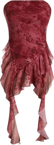 Verdusa Women's Cheetah Floral Ruffle Tube Top Y2K Strapless Backless Fitted Tops in Kuwait