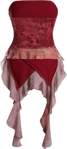 Verdusa Women's Cheetah Floral Ruffle Tube Top Y2K Strapless Backless Fitted Tops in Kuwait