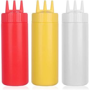 beyonday 3pcs Seasoning Squeeze Bottles, 3 Hole Ketchup Mustard Dressing Squeeze Squirt Bottles, Salad Sauce Condiment Cream Squeeze Bottles for Kitchen Restaurant Bakery(24oz, White) in Kuwait