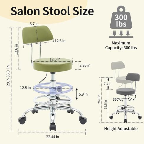 Height Adjustable Stool 19.5’’-26.6’’, Rolling Chair with Back and Footrest, Green Esthetician Stool Ergonomic (Green) in Saudi Arabia