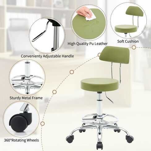 Height Adjustable Stool 19.5’’-26.6’’, Rolling Chair with Back and Footrest, Green Esthetician Stool Ergonomic (Green) in Saudi Arabia