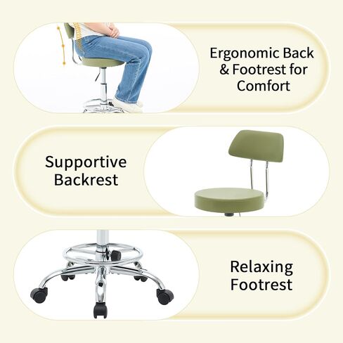 Height Adjustable Stool 19.5’’-26.6’’, Rolling Chair with Back and Footrest, Green Esthetician Stool Ergonomic (Green) in Saudi Arabia