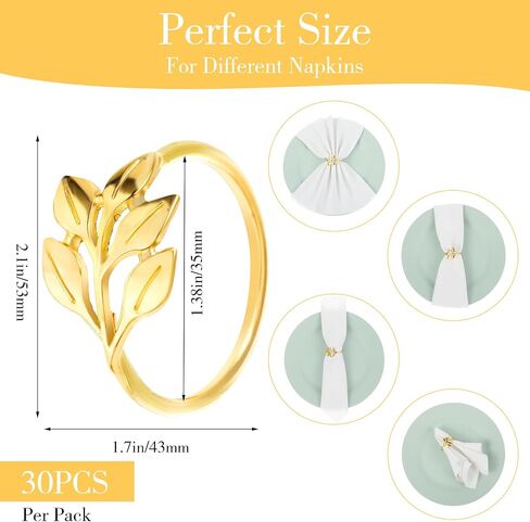 30 PCS Gold Leaf Fackin Rings ، حاملي حلقة منديل معدني ، نمط عتيق ، على شكل أوراق ، 2.1 بوصة ، مثالية لإعدادات الطاولة الرسمية وغير الرسمية ، الزفاف ، عيد الميلاد ، ديكور الحفلات in Saudi Arabia