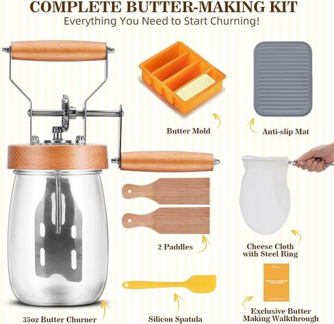 Pro Butter Churner Set – 35oz Glass Jar with Anti-Slip Mat, Cheesecloth, Butter Mold & 2 Paddles – Make Creamy Homemade Butter & Whipped Cream | DIY Kitchen Gift in Saudi Arabia