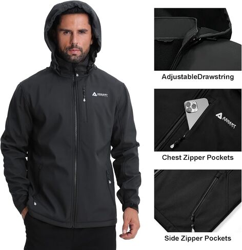 Men's Softshell Jacket,Fleece Lined Hooded Windbreaker Winter Outdoor Hiking Jackets for Men in Kuwait
