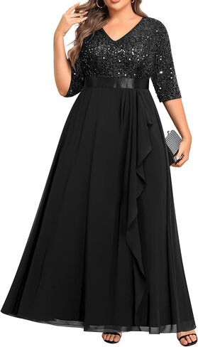 Plus Size Formal Dresses - V Neck 3/4 Sleeves Sequin Evening Gowns Prom Gala Wedding Guest Chiffon Long Maxi Dress in Saudi Arabia