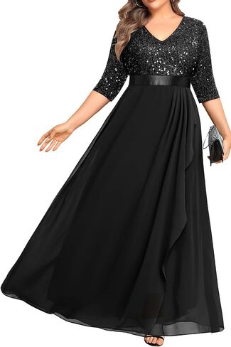 Plus Size Formal Dresses - V Neck 3/4 Sleeves Sequin Evening Gowns Prom Gala Wedding Guest Chiffon Long Maxi Dress in Saudi Arabia