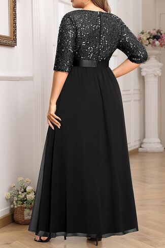 Plus Size Formal Dresses - V Neck 3/4 Sleeves Sequin Evening Gowns Prom Gala Wedding Guest Chiffon Long Maxi Dress in Saudi Arabia