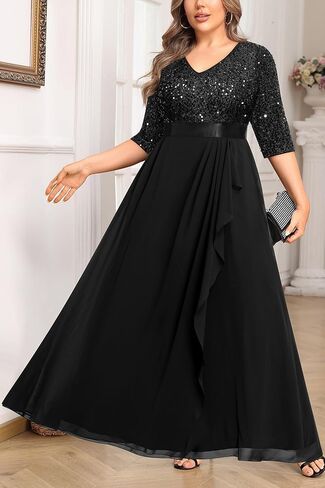 Plus Size Formal Dresses - V Neck 3/4 Sleeves Sequin Evening Gowns Prom Gala Wedding Guest Chiffon Long Maxi Dress in Saudi Arabia