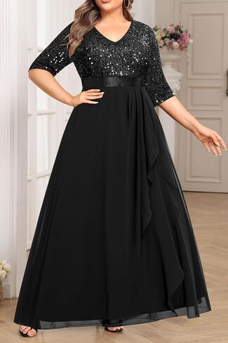 Plus Size Formal Dresses - V Neck 3/4 Sleeves Sequin Evening Gowns Prom Gala Wedding Guest Chiffon Long Maxi Dress in Saudi Arabia