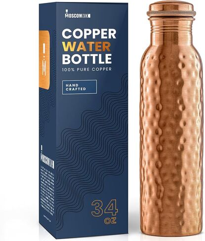 زجاجة مياه النحاس النقي النقي في موسكو لشرب 34 أونصة كبيرة - زجاجة مياه النحاس الايورفيدا ، غطاء دليل تسرب ، زجاجة مياه شرب النحاس 100 ٪ - زجاجة نحاسية مصنوعة يدويًا مصنوعة يدويًا in Kuwait