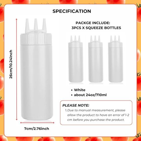 beyonday 3pcs Seasoning Squeeze Bottles, 3 Hole Ketchup Mustard Dressing Squeeze Squirt Bottles, Salad Sauce Condiment Cream Squeeze Bottles for Kitchen Restaurant Bakery(24oz, White) in Saudi Arabia