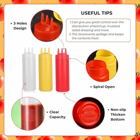 beyonday 3pcs Seasoning Squeeze Bottles, 3 Hole Ketchup Mustard Dressing Squeeze Squirt Bottles, Salad Sauce Condiment Cream Squeeze Bottles for Kitchen Restaurant Bakery(24oz, White) in Kuwait