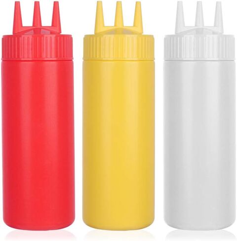 beyonday 3pcs Seasoning Squeeze Bottles, 3 Hole Ketchup Mustard Dressing Squeeze Squirt Bottles, Salad Sauce Condiment Cream Squeeze Bottles for Kitchen Restaurant Bakery(24oz, White) in Kuwait