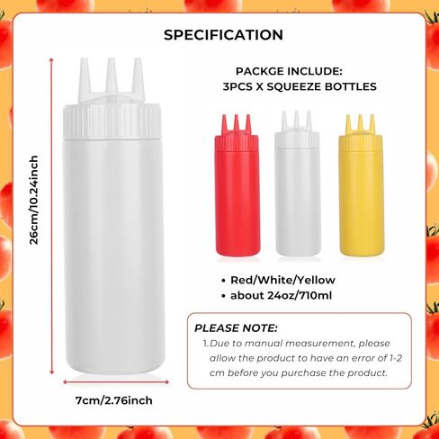 beyonday 3pcs Seasoning Squeeze Bottles, 3 Hole Ketchup Mustard Dressing Squeeze Squirt Bottles, Salad Sauce Condiment Cream Squeeze Bottles for Kitchen Restaurant Bakery(24oz, White) in Kuwait