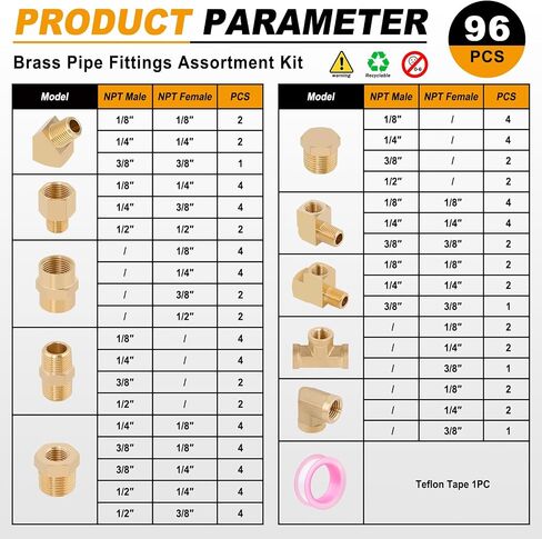 Kootans 96pcs تجهيزات أنابيب النحاس مجموعة مجموعة متنوعة - محول NPT ، جلبة مخفض ، حلمة سداسية ، اقتران ، قابس الرأس ، 45 و 90 درجة بارستوك شارع كوع ، تجهيزات تي شيرت. in Kuwait