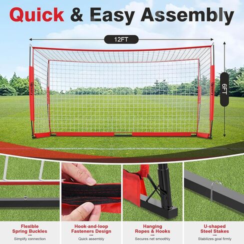 Portable Soccer Goal, Detachable 12x6 FT Soccer Goals Net for Backyard, Quick Setup Training Equipment with 1 Carry Bag, 1 Football, 12 Training Cones in Kuwait