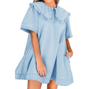 Wenrine Womens Summer Denim Mini Dress كبير الحجم بيتر بان ذوي الياقات القصيرة الأكمام غير الرسمية in Kuwait